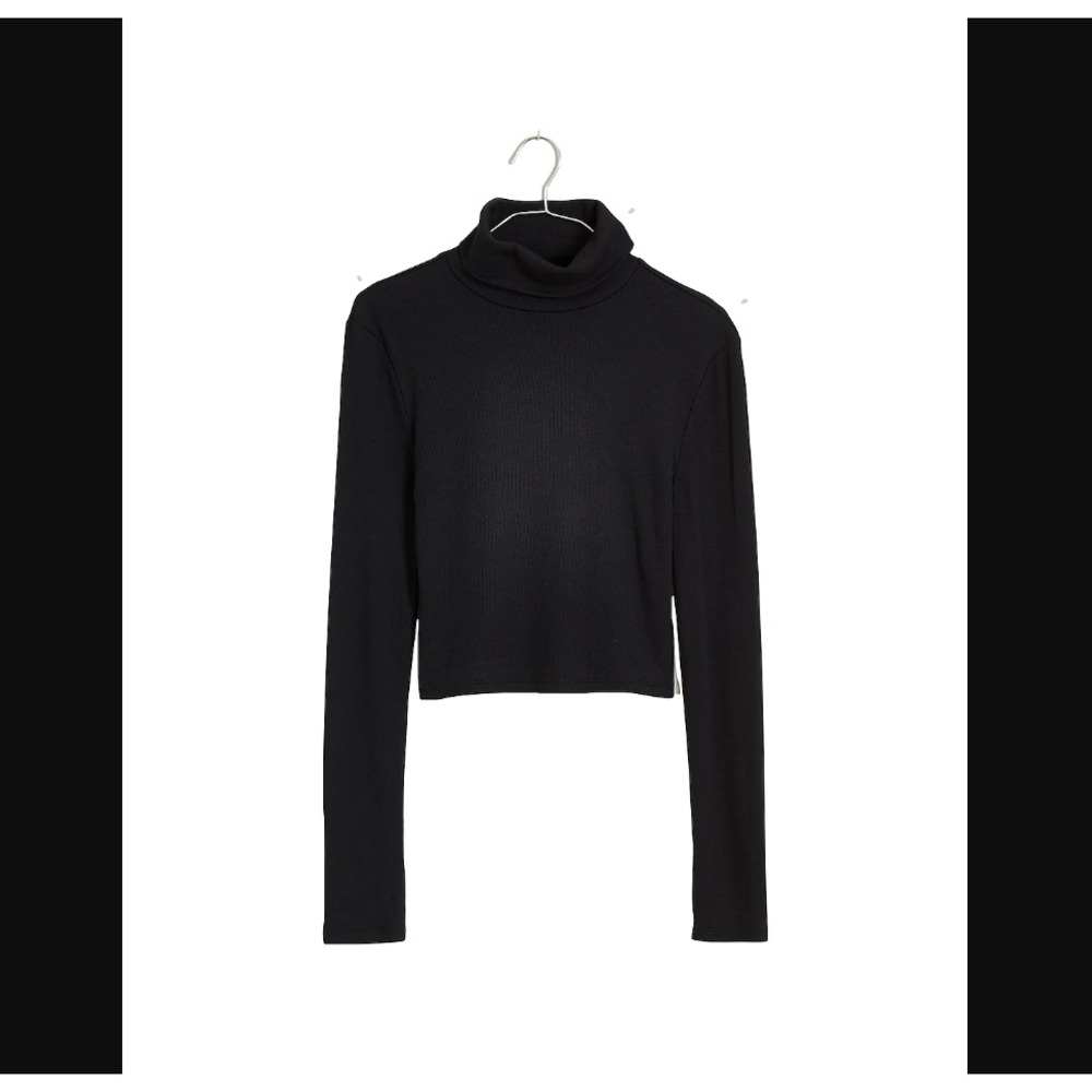 Madewell Women Large Black Brightside Finerib Turtleneck Cropped Long Sleeve Tee